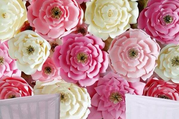 Ivory, shades of pink , and gold paper flowers