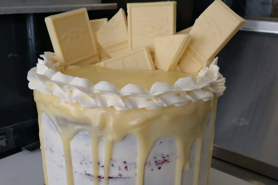 Red velvet cake with swiss meringue buttercream and white chocolate ganache