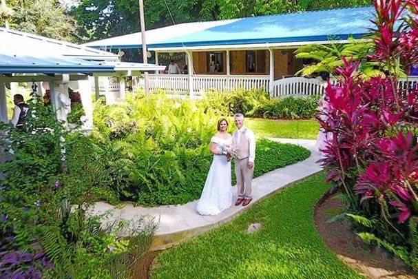 Newlyweds on walkway