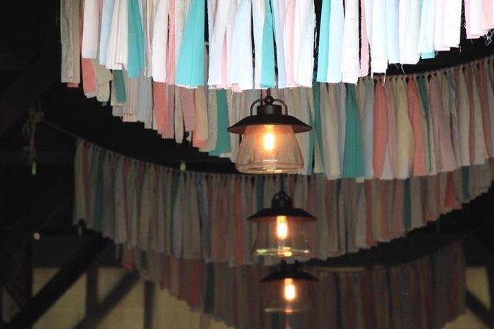 Colorful bunting across ceiling
