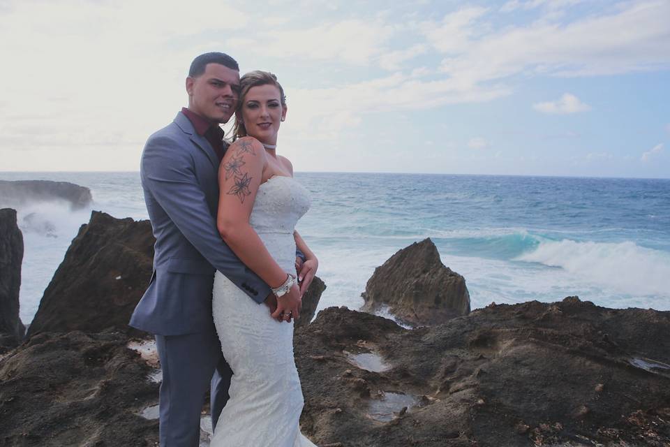 The happy couple after their close family beach wedding in Isabela, Puerto Rico.