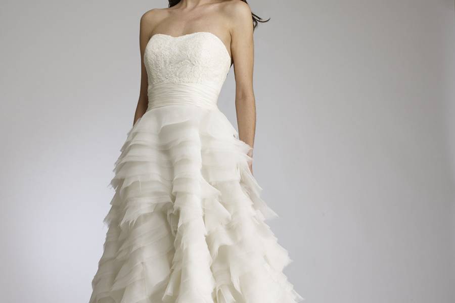 Anna Strapless Moiré Organza Natural Waist Ball Gown with Corded French Chantilly Embellished Bodice, Tiered Skirt.