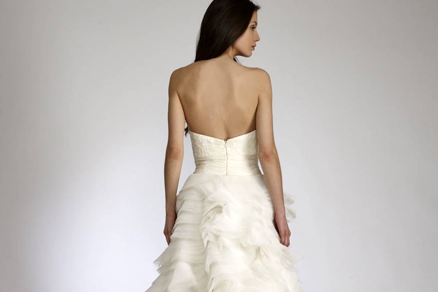 AnnaStrapless Moiré Organza Natural Waist Ball Gown with Corded French Chantilly Embellished Bodice, Tiered Skirt.
