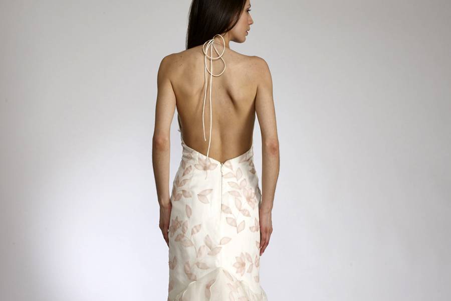 BrittainyHand-embroidered silk organza gown with spaghetti strap and open back.
