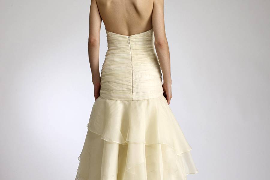 EllianaStrapless silk organza, ruched bodice and tiered skirt.