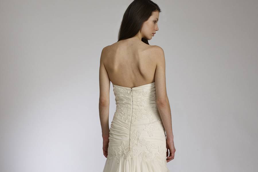 EloiseStrapless Silk Chiffon Fit to Draped Gown With Corded French Chantilly Lace Detail.