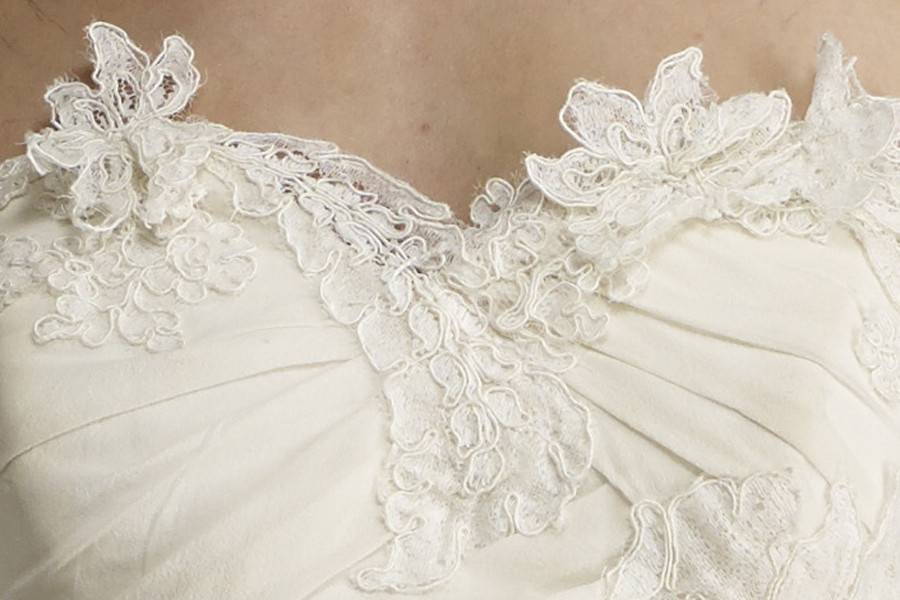 EloiseStrapless Silk Chiffon Fit to Draped Gown With Corded French Chantilly Lace Detail.