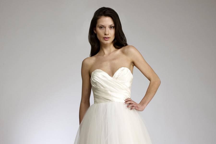 SophieDraped ball gown with silk taffeta bodice & tulle skirt.