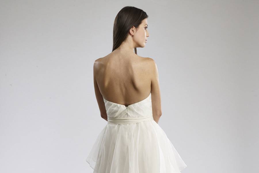 EllieStrapless Silk Organza gown with draped bodice and tiered ruffled skirt.