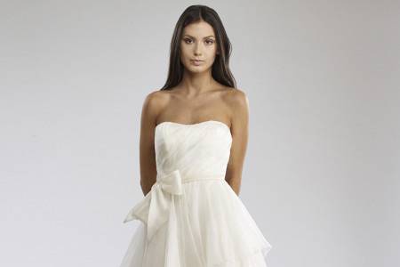 EllieStrapless Silk Organza gown with draped bodice and tiered ruffled skirt.