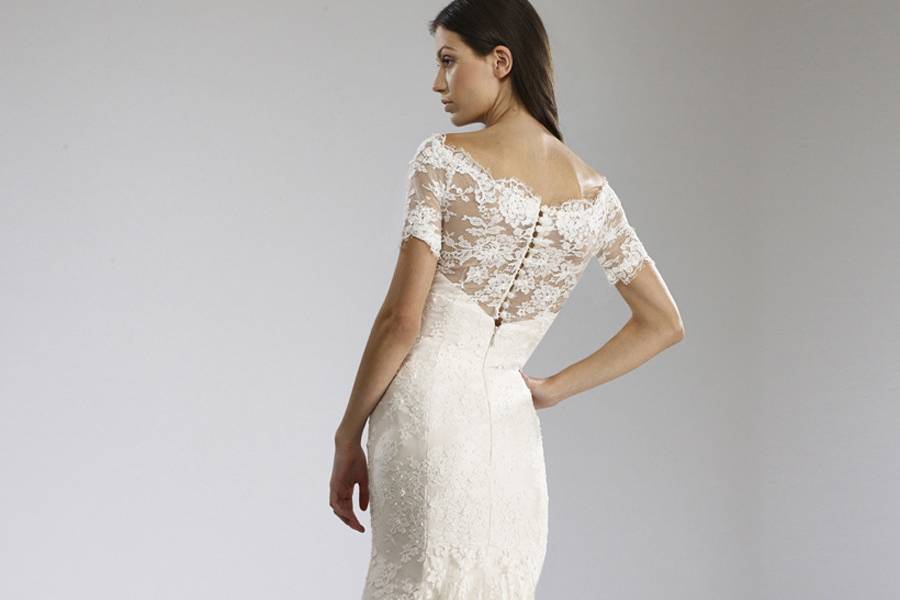 HelenFrench Lace hourglass gown with delicate beadwork, off-the shoulder neckline and dramatic train.