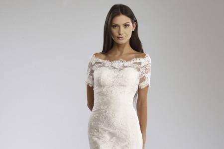 HelenFrench Lace hourglass gown with delicate beadwork, off-the shoulder neckline and dramatic train.
