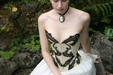 Silk cotton corset with black lace applique recycled and reused from a Victorian lace robe.
