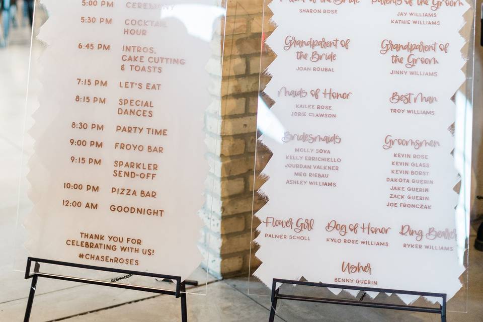 Timeline and wedding party sign