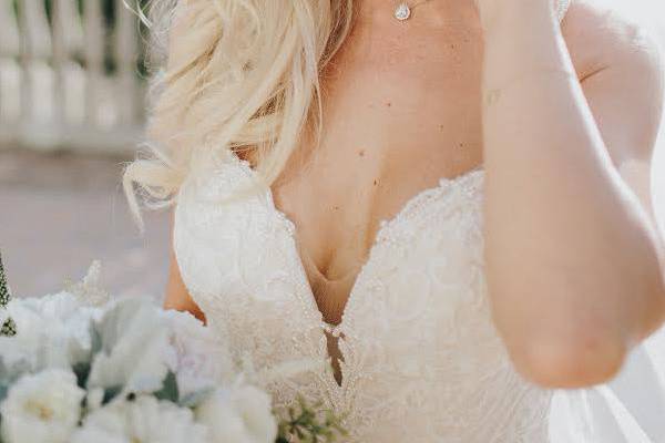 Real Bride Chanel wearing our Daisy Long Drop Earrings and Margaux Petite Back Drop Necklace