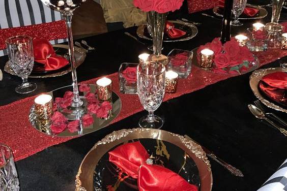 Red-themed tablescape