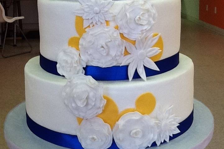 White cake with blue accents