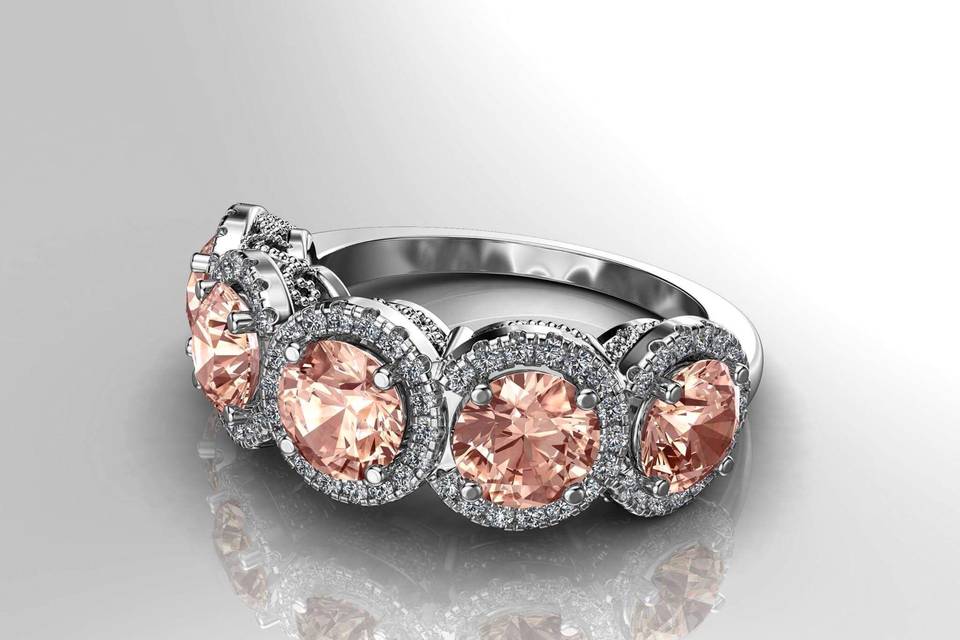 Charleston Alexander Jewelers Falls Church Virginia Five Stone Morganite and Diamond Halo Anniversary Band