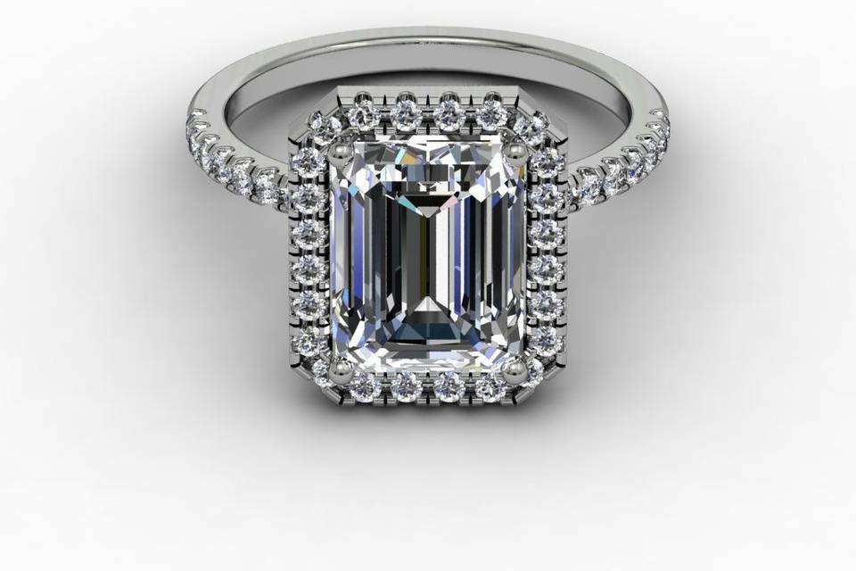 Charleston Alexander Jewelers Falls Church Virginia Custom Made Emerald Cut Diamond Halo Engagement Ring
