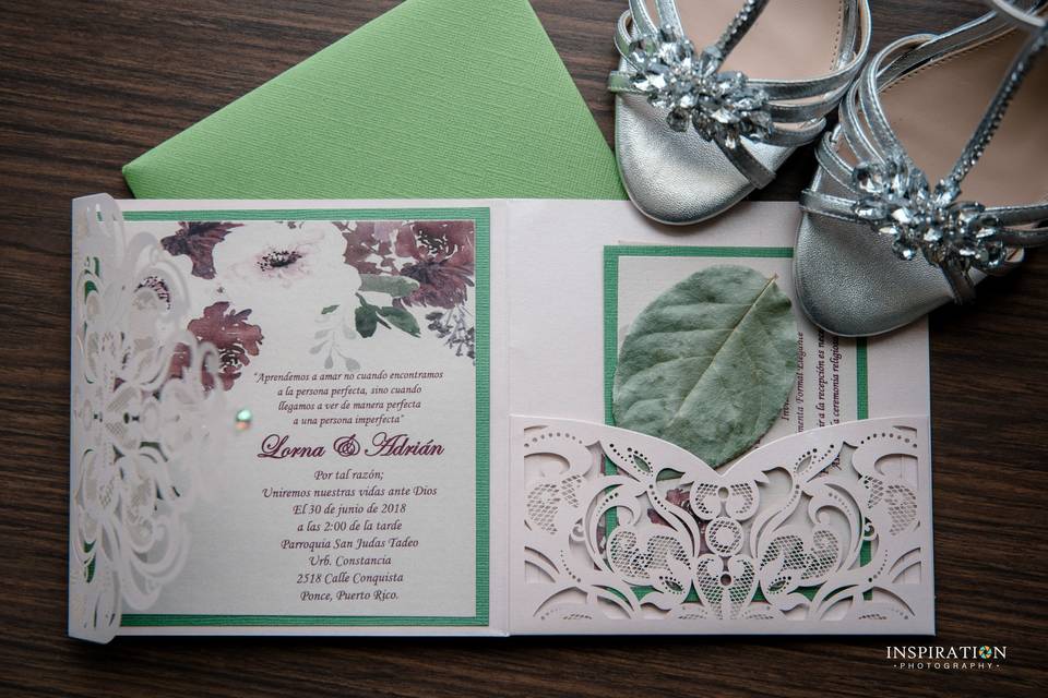 Wedding invite and bridal shoes