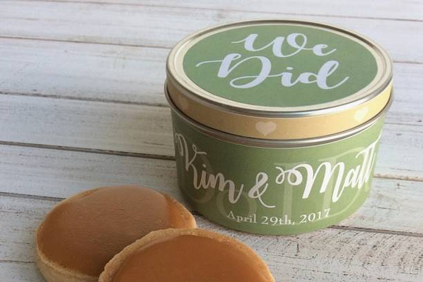Custom wedding favors! A delicious keepsake memory of the most special day. Custom labels feature your colors, your names, date of wedding. Two, 2.25