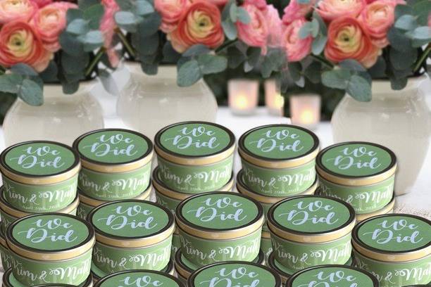 Custom wedding favors! A delicious keepsake memory of the most special day. Custom labels feature your colors, your names, date of wedding. Two, 2.25