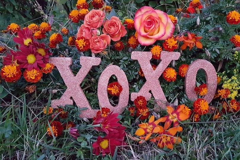 XOXO lettering decoration surrounded by flowers