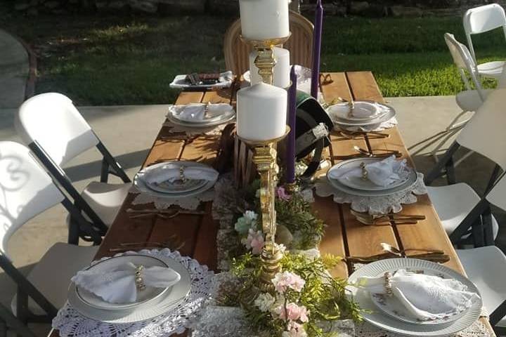 August 20aJunk'n Treasures Wedding & Event Rentals18 Farm Table Rehersal Dinner. Mix & Match china
