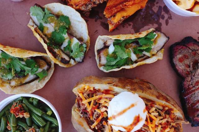 Loaded spud and pork belly tacos