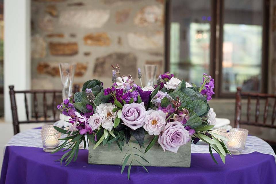 Purple flowers and table decor