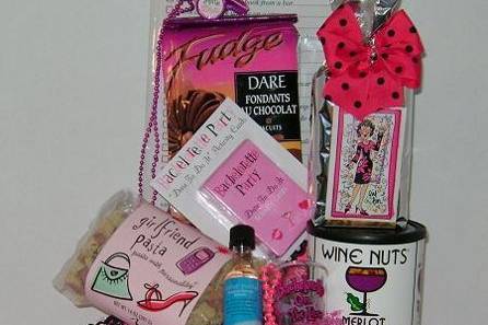 Bachelorette party fun gift basket with games, snacks & more