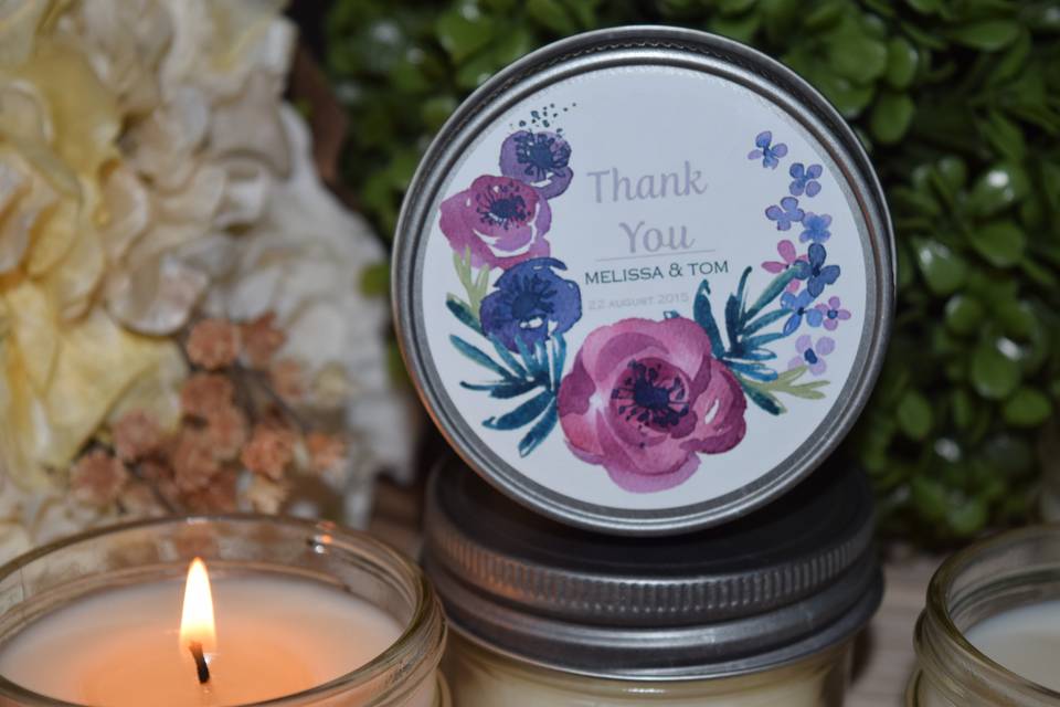 Purple Watercolor Floral Soy Candle Favor, $4.95 each. You receive 12 of our small jars. Customized with your desired text and choice of fragrance. Perfect gift to say thank you, save the date, 