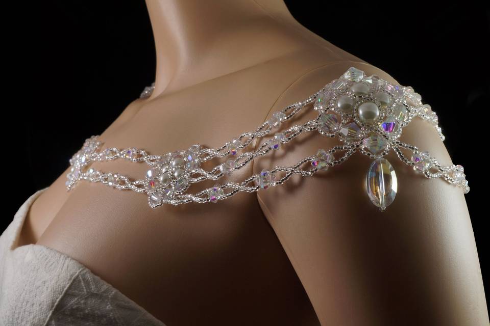 Gorgeous shoulder necklace woven with Celestial crystal, pearl and silver Czech glass