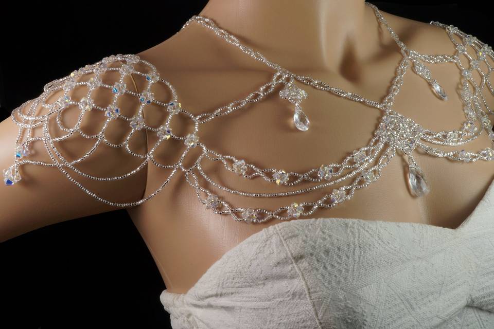 Statement shoulder necklace with Swarovski crystal, Swarovski white patina pear pendants and silver Czech glass.