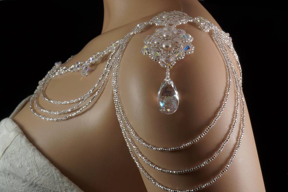 Romantic shoulder necklace with Swarovski crystal, Swarovski white patina pear pendants and silver Czech glass.