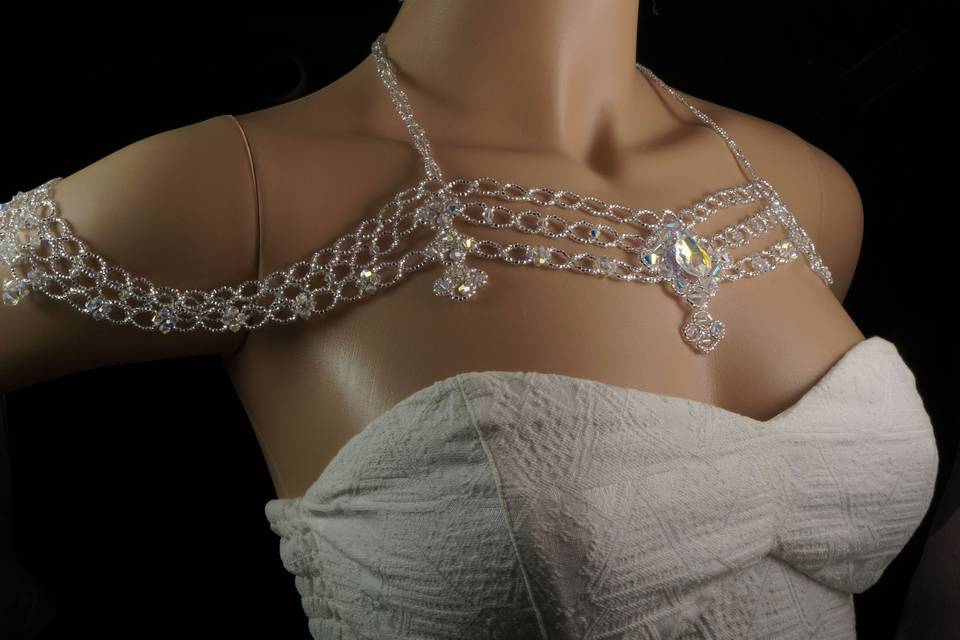 Statement shoulder necklace with Swarovski crystal, Swarovski baroque pendants and silver Czech glass.