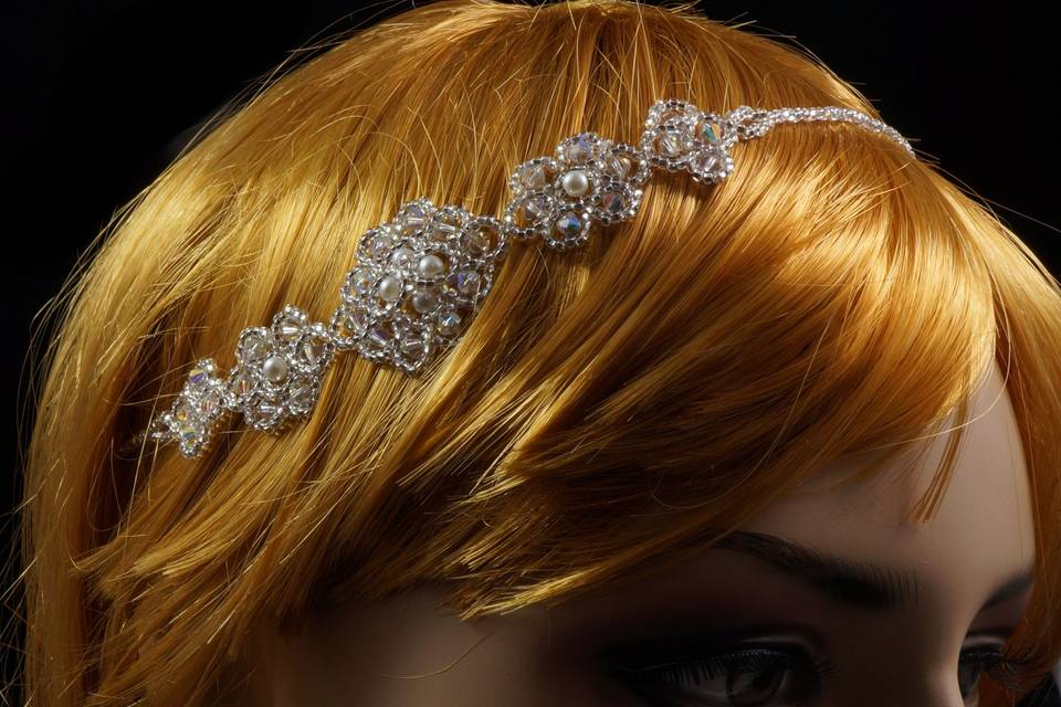 Lovely bridal headband woven with crystal, pearl and silver Czech glass.