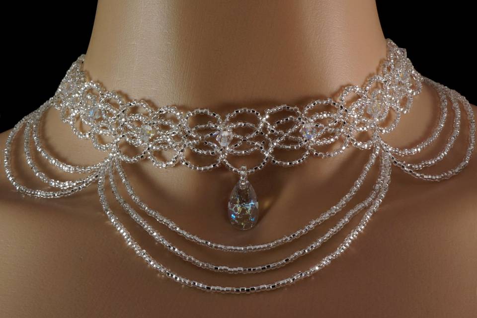 Victorian choker woven with Swarovski crystal, Swarovski white patina pear pendant and silver Czech glass.