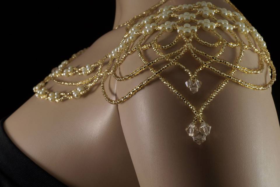 Light gold Czech glass and ivory pearl shoulder necklace with honey Czech crystal tips.