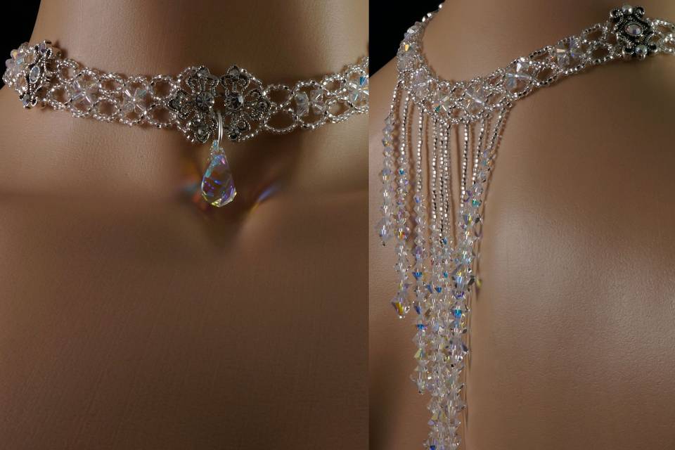 Statement backdrop necklace woven with Swarovski crystal, Czech crystal, Swarovski spacers and silver Czech glass.