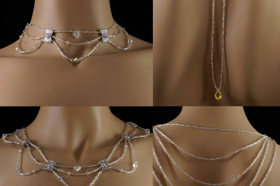 2 in 1 backdrop necklace and choker made with Swarovski crystal, Swarovski spacers, silver Czech glass and a Swarovski baroque pendant.
