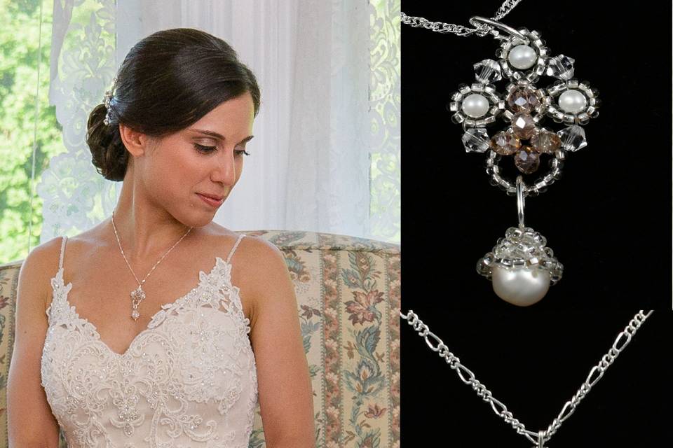 Romantic, vintage pendant necklace with freshwater pearl and Swarovski crystal- in bleached pearl and natural unbleached.