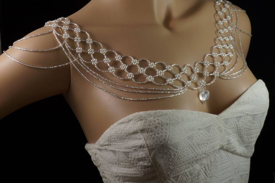 Lovely bridal shoulder necklace with silver Czech glass and pearl.