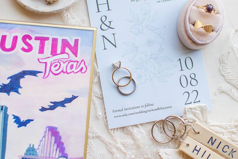 Invitation/table name flatlay