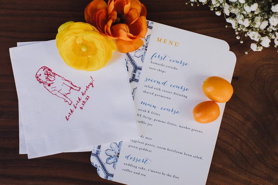 Wedding menu and custom napkins