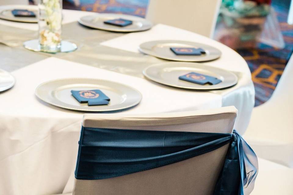 Navy blue chair sashes