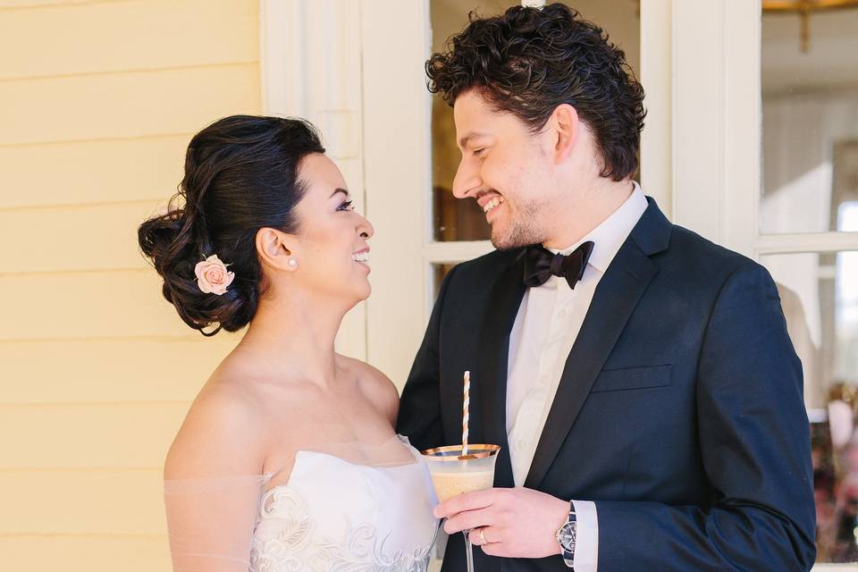 Bride and groom with coffees