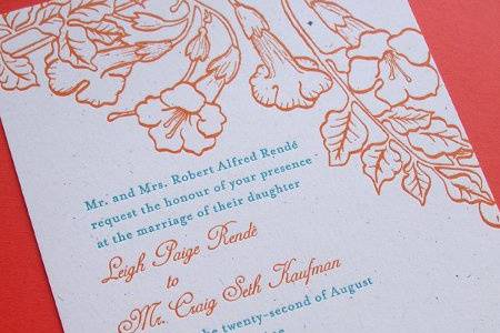 Custom-designed letterpress-printed wedding invitation featuring original trumpet-vine illustration. Printed on recycled papers.