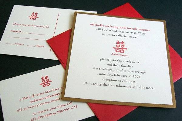 custom-designed letterpress-printed metallic wedding invitation suite, featuring the Chinese character for double-happiness.