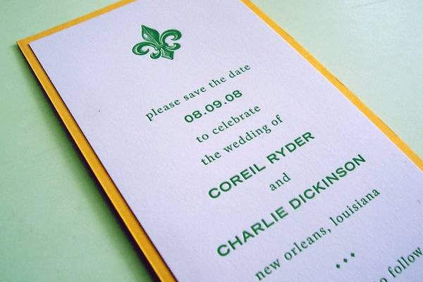 custom-designed letterpress-printed fleur de lis save-the-date announcement, can be customized in a variety of colors
